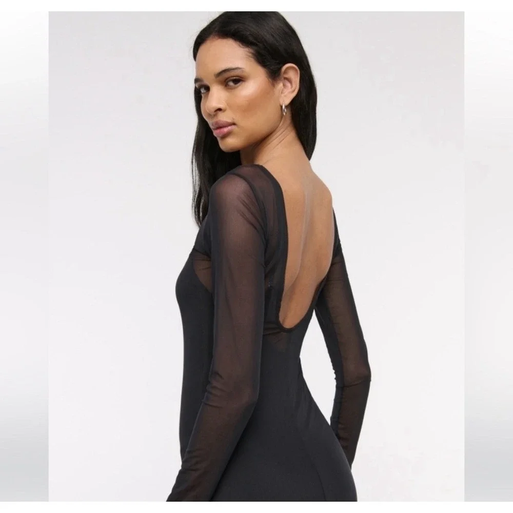 Abercrombie & Fitch‎ Long Sleeve Mesh Maxi Dress Sz S Sheer Open Back Slit Party